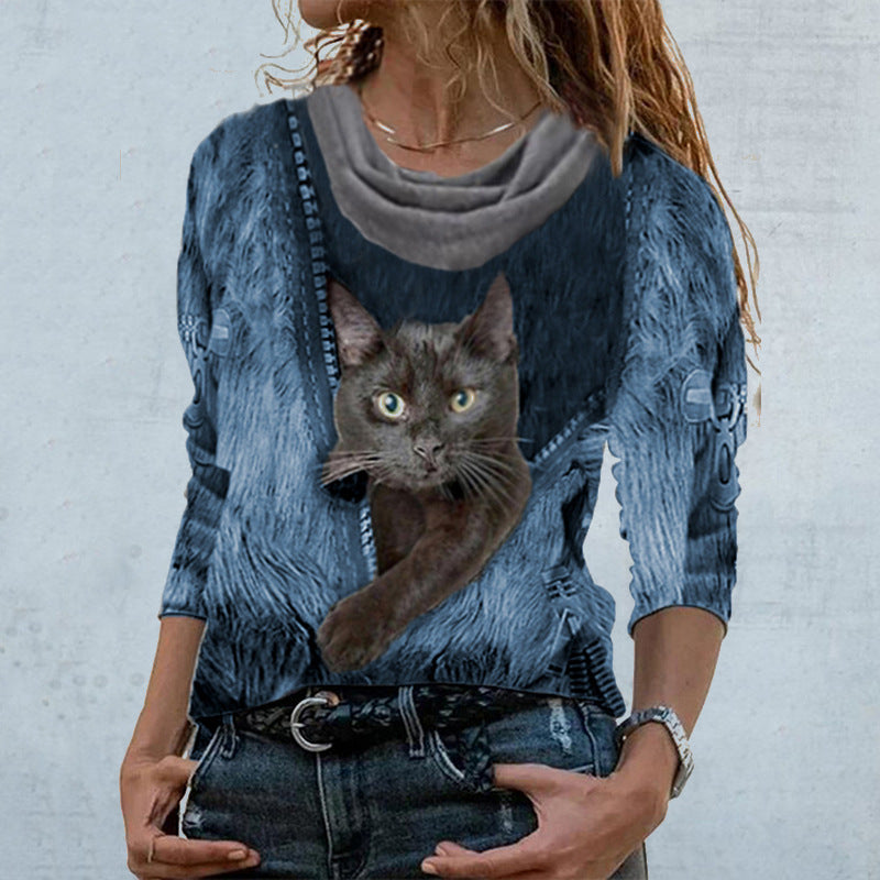 Casual Women's Cat Print Pullover Sweater
