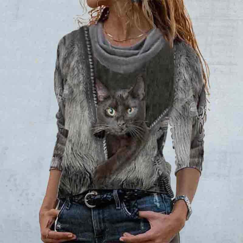 Casual Women's Cat Print Pullover Sweater