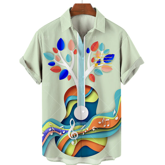 Men's Casual 3D Guitar Print Short Sleeve Shirt