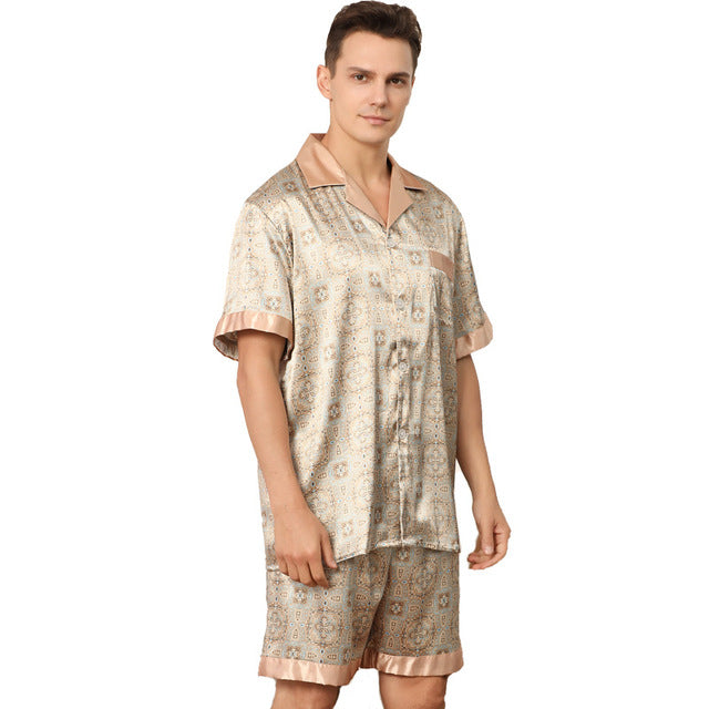 Men's Satin Silk Printed Short Sleeve Pajama Set