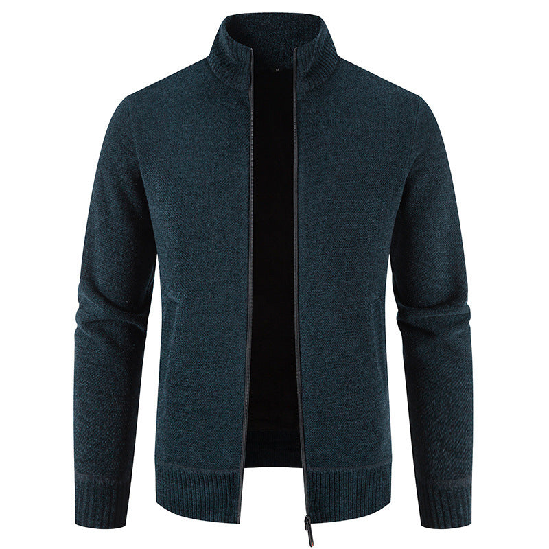 Thick Fleece-lined Men's Stand Collar Knitted Jacket