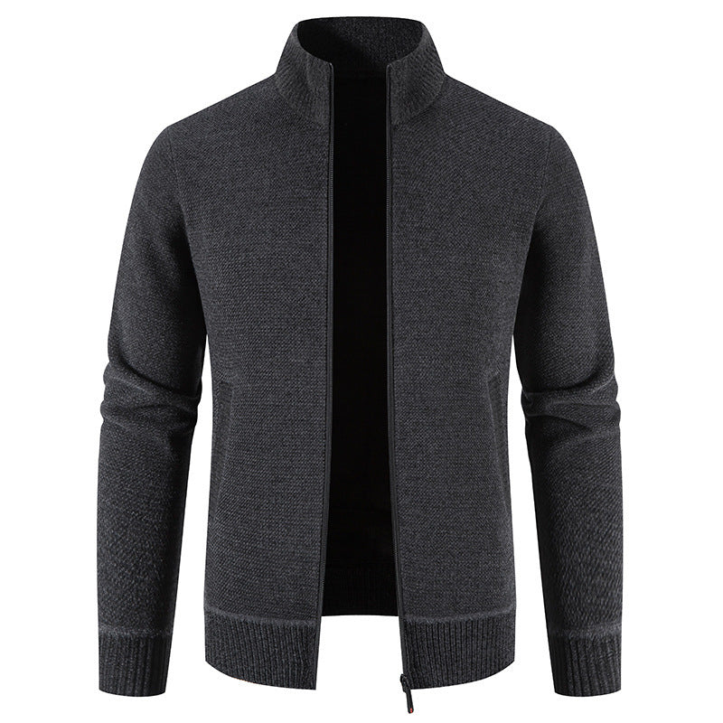 Thick Fleece-lined Men's Stand Collar Knitted Jacket