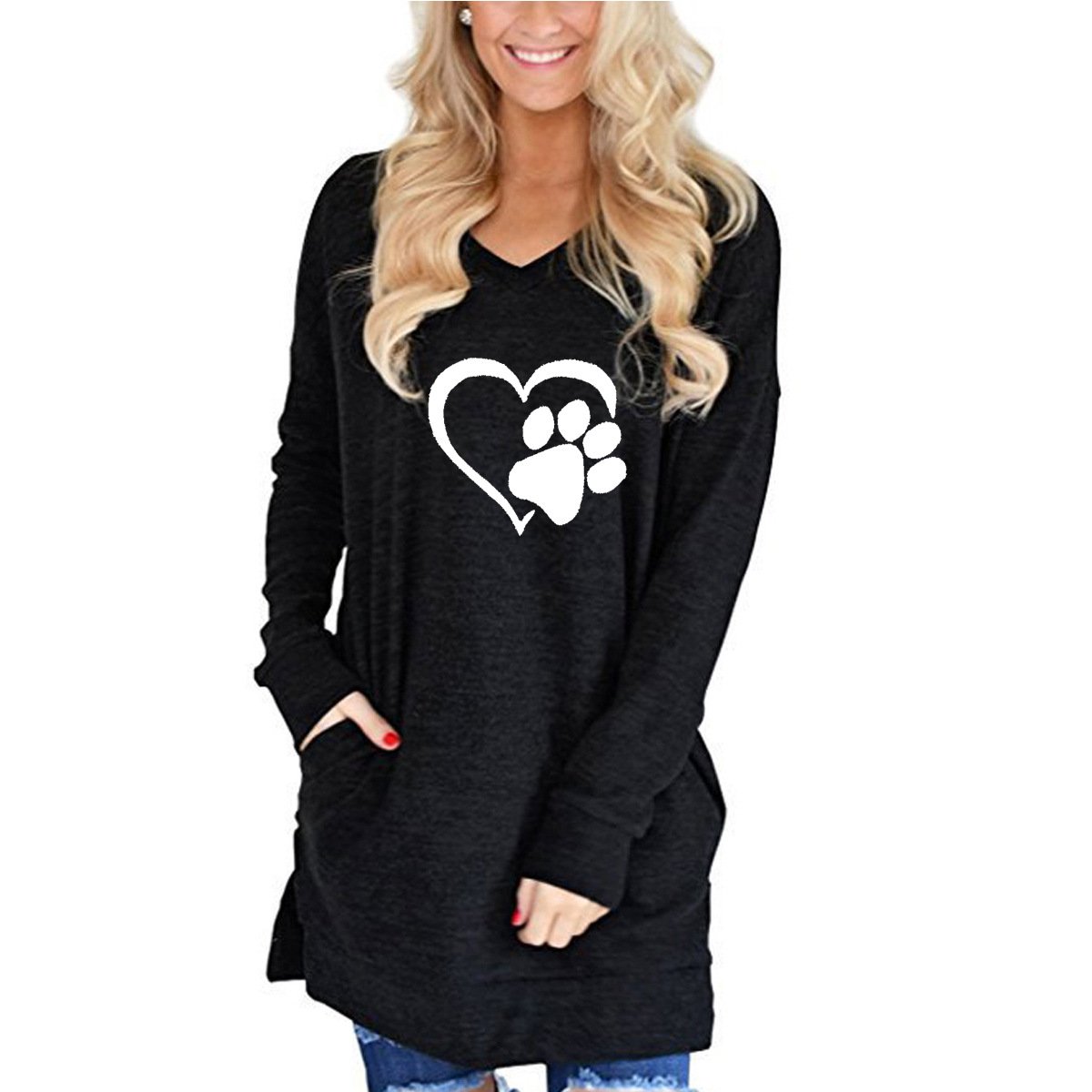 Loose Long-Sleeved V-Neck Pocket T-Shirt with Slits