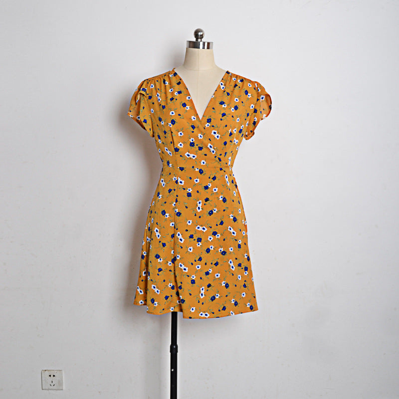 AECU Women's Mini Bohemian V Neck Chiffon Dress