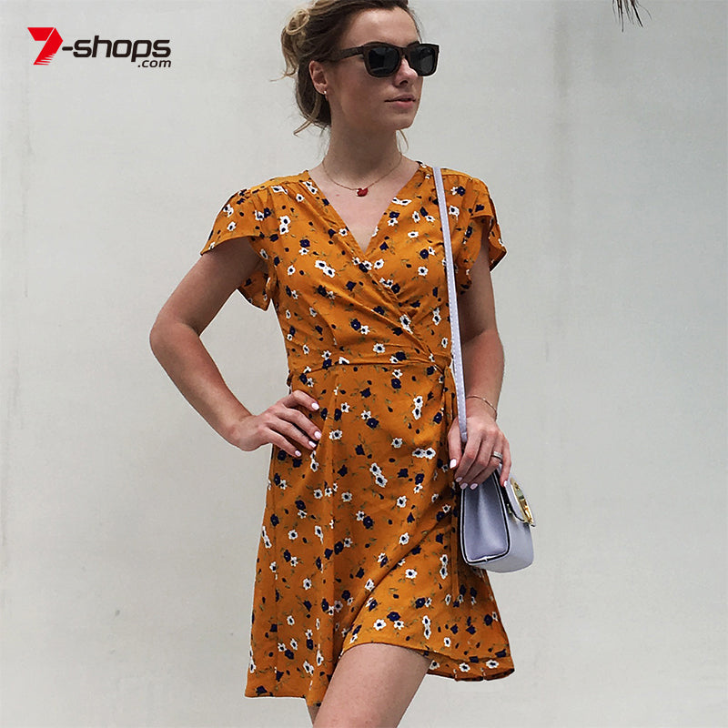 AECU Women's Mini Bohemian V Neck Chiffon Dress