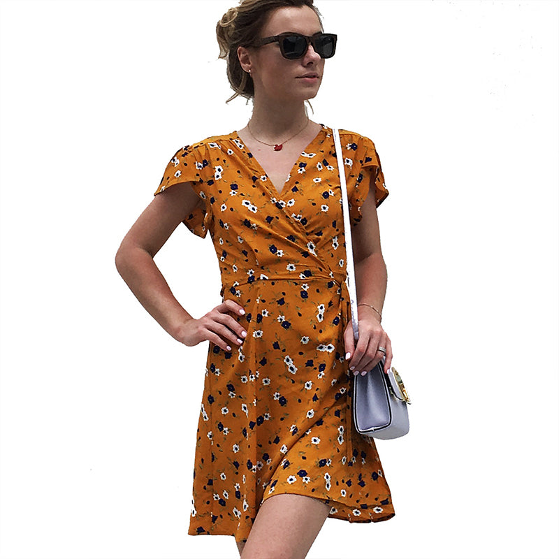 AECU Women's Mini Bohemian V Neck Chiffon Dress