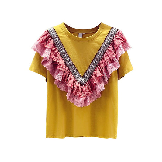 Ruffled Cotton Short-Sleeved T-Shirt with Lace Stitching