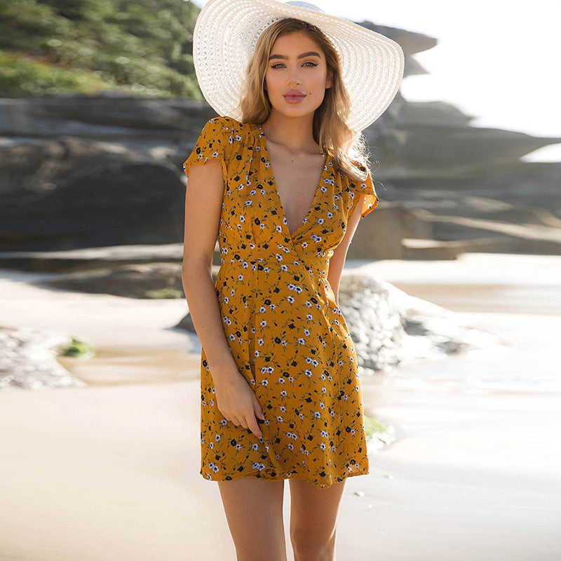 AECU Women's Mini Bohemian V Neck Chiffon Dress