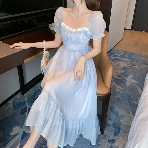 Square Neck Short Sleeve Long Waist Dress