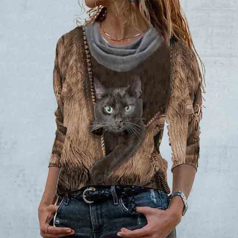Casual Women's Cat Print Pullover Sweater