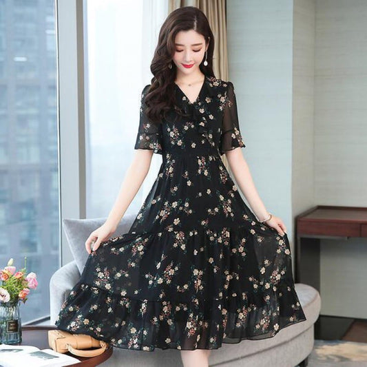 Mid-Length Floral Chiffon Dress for Belly Coverage