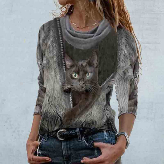 Casual Women's Cat Print Pullover Sweater