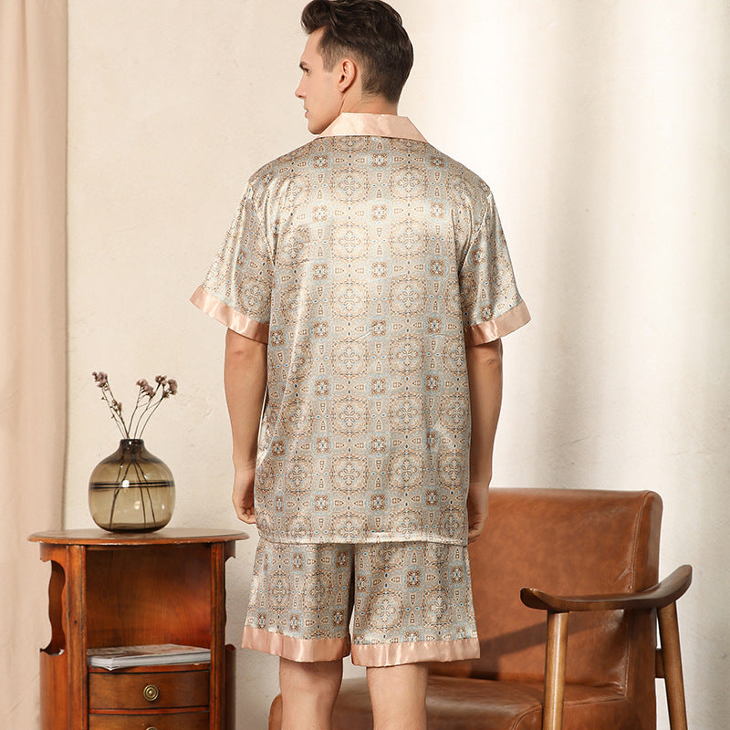 Men's Satin Silk Printed Short Sleeve Pajama Set