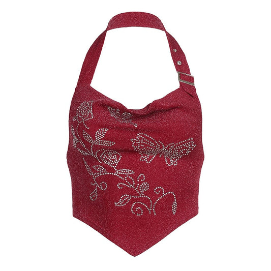 Women's Red Diamond-Studded Irregular Neck Undershirt