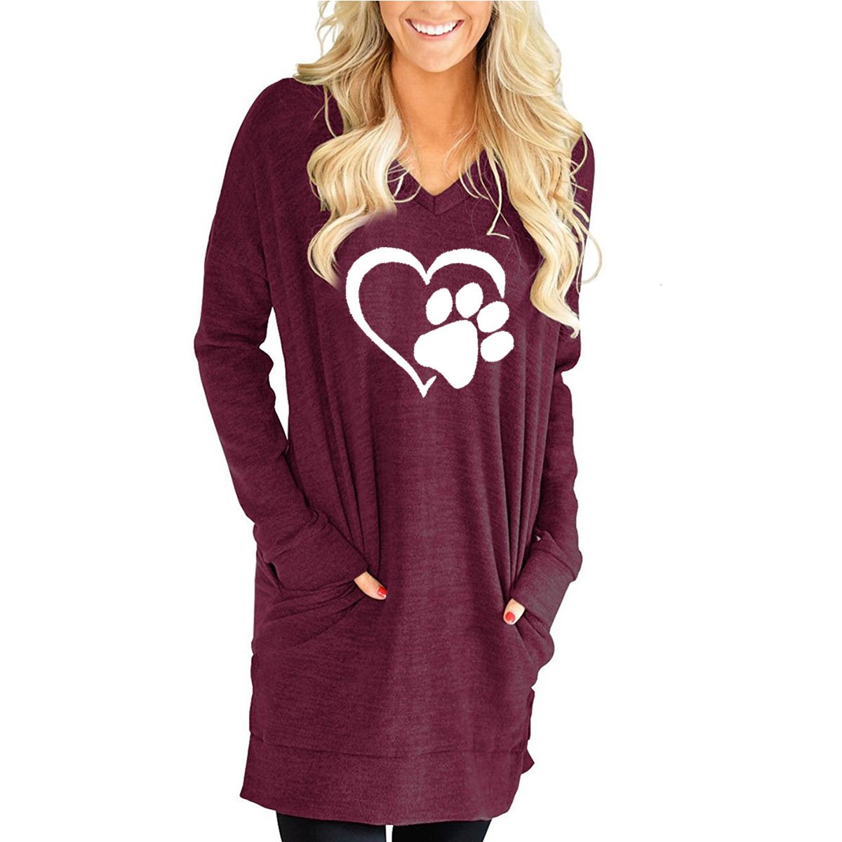 Loose Long-Sleeved V-Neck Pocket T-Shirt with Slits